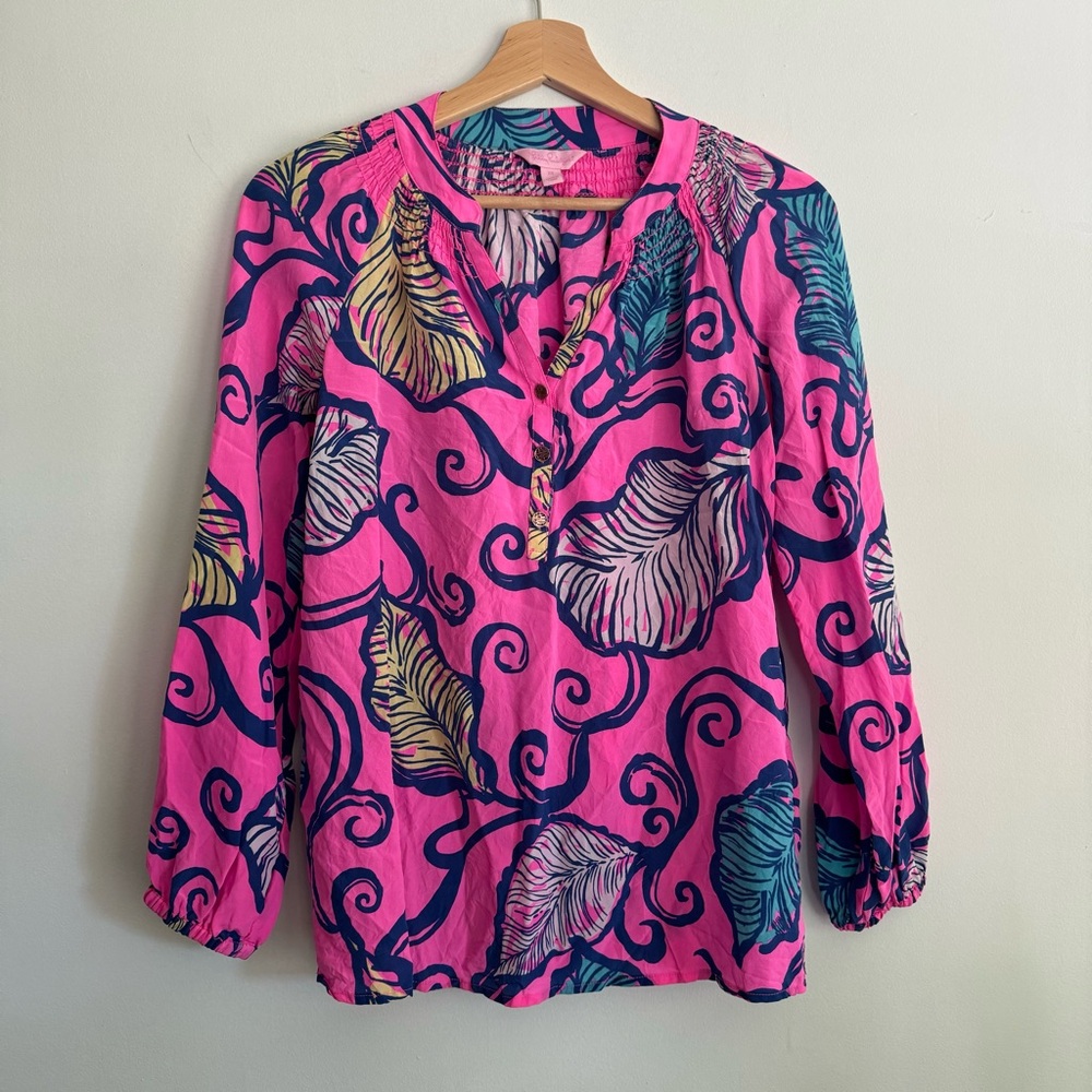 Lilly Pulitzer Elsa Pink Silk Top Leaves In The Breeze Tropical Resort Size XS